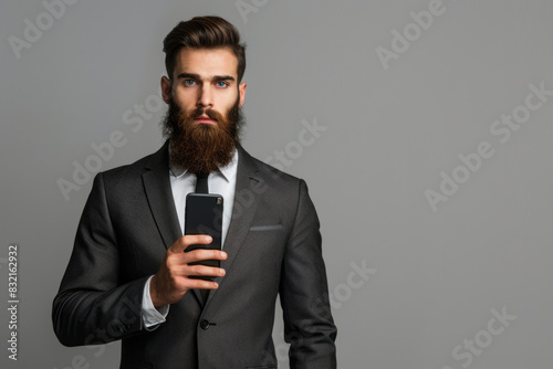 Serious young bearded businessman holding smartphone in suit © standret