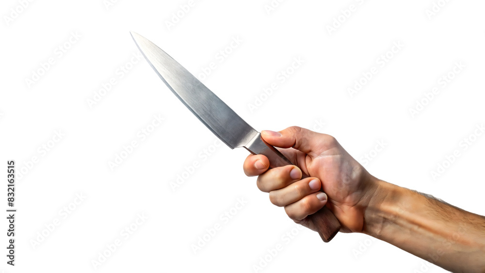 Isolated hand gripping a sharp metal kitchen knife