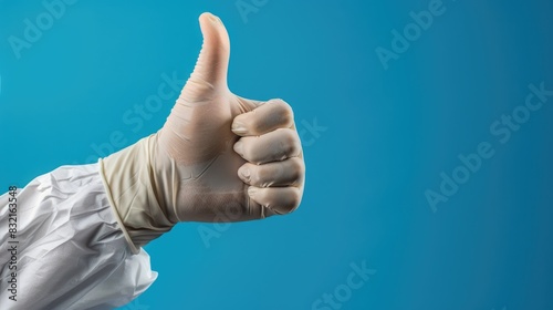 Displaying Thumbs Up in a Medical Glove Against a Blue Backdrop