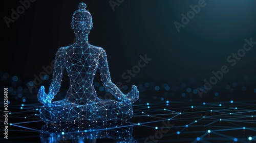 Digital AI female person silhouette figure sitting in yoga pose in virtual reality on digital technology background with dark blue navy copyspace