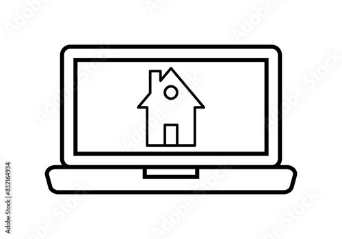 Icono negro de ordenador portátil con icono de una casa representando un portal inmobiliario online