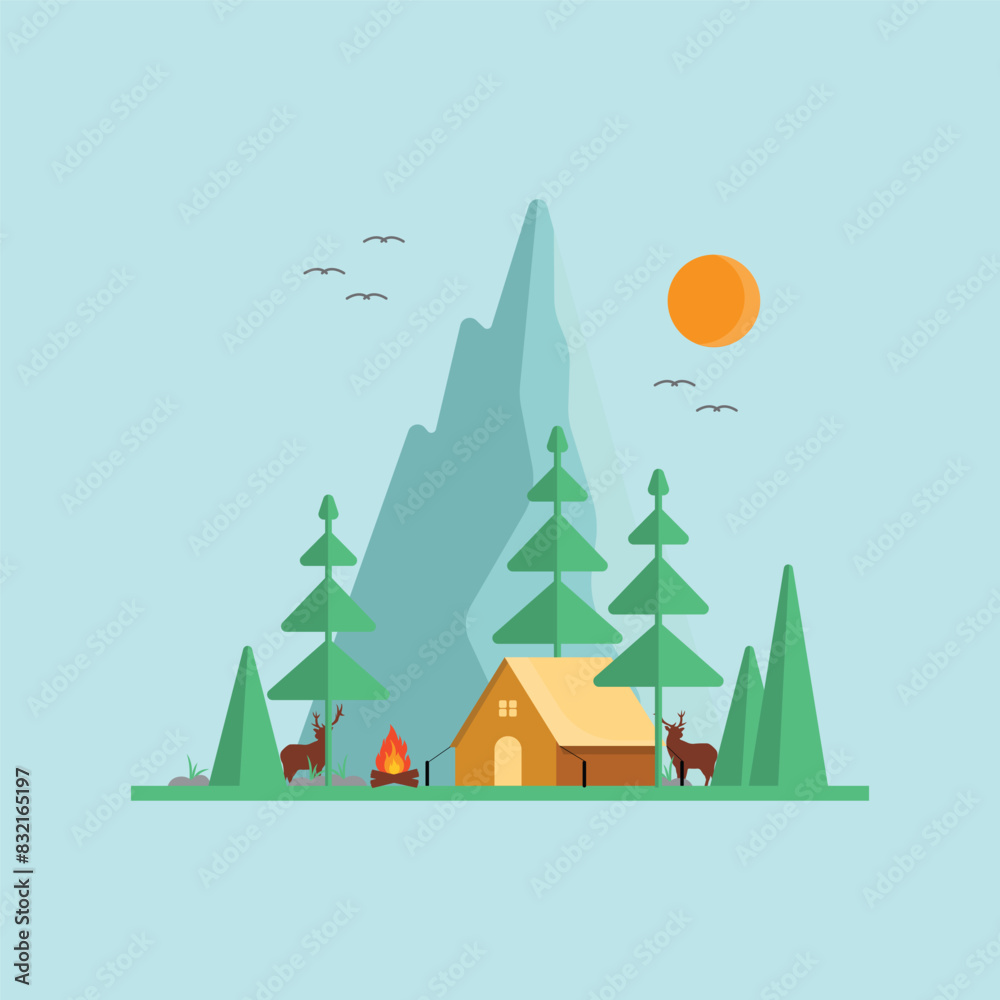 summer landscape illustration.afternoon in the mountains. enjoy the weekend. hiking and camping. flat vector illustration summer landscape illustration.afternoon in the mountains. enjoy the weekend. hiking and camping. flat vector illustration