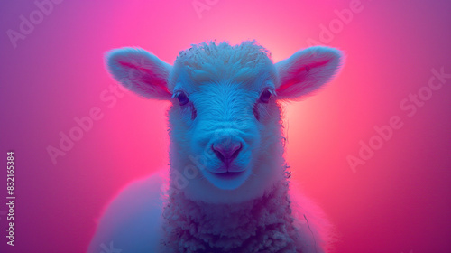 Close-up of a perfect young  innocent lamb and on a trendy pastel background.