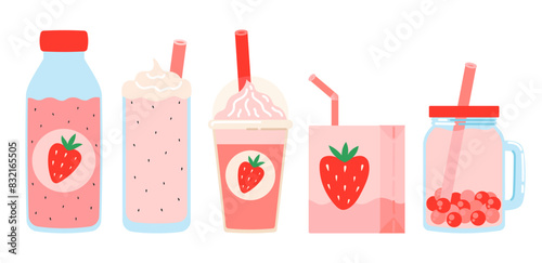Strawberry drink set. Summer refreshing drinks, juice, milkshake, coffee, bubble tea with the taste of strawberries. Strawberry Fair. Flat Vector illustration isolated on white background