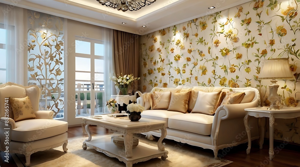 Fototapeta premium bedroom with a large floral wallpapered wall with matching