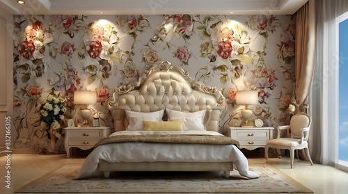 bedroom with a large floral wallpapered wall with matching © Free