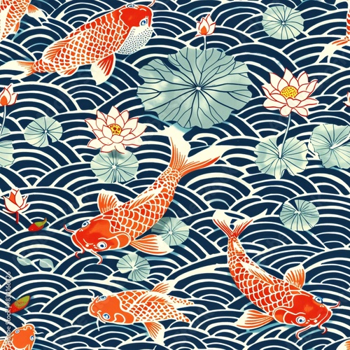 Repeating koi fish pattern with water ripples and lily pads in traditional Japanese style