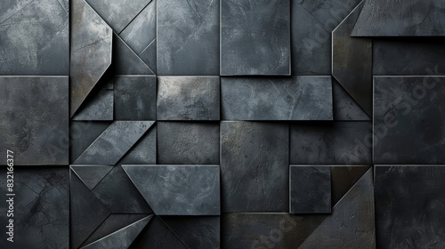 Abstract geometric pattern of dark metal squares and triangles. Modern, industrial, and textured design.