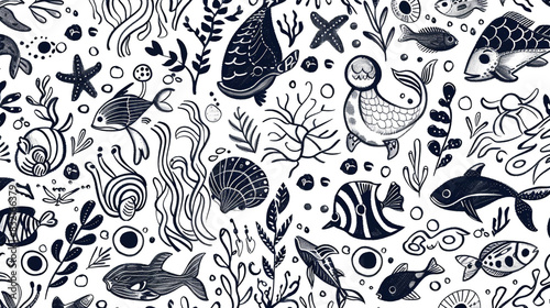 Underwater themed doodle in black and white, capturing the essence of sea life and adventures, photo