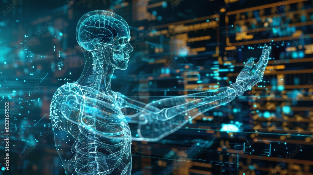 A digital human skeleton interacts with data streams in a futuristic server room. A digital human skeleton interacts with data streams in a futuristic server room.