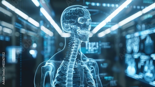 A digital rendering of a human skeleton, glowing blue, in a futuristic medical setting. Perfect for concepts of healthcare, technology, and innovation.