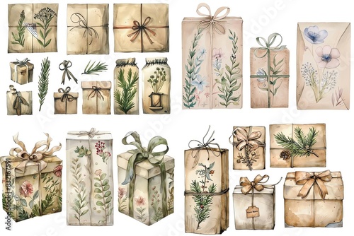 gift boxes wrapped in wrapping paper and tied with hemp rope decorated with twigs of green plants are isolated on a white background