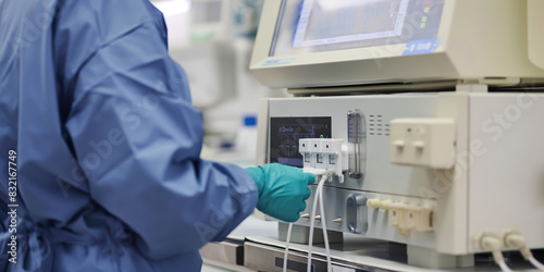 Shot of a technician in protective clothing adjusting the settings on a sophisticated medical device in a lab