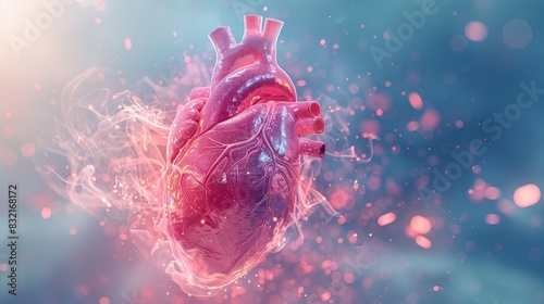 A vibrant, ethereal image of a human heart with glowing particles swirling around it. photo