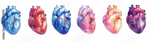 Colorful watercolor illustration of six human hearts. #832168198