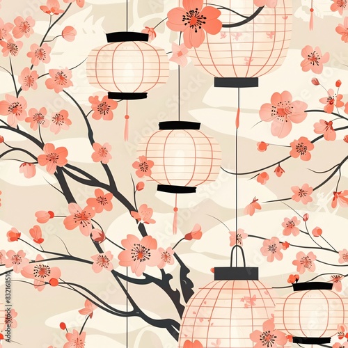 Seamless pattern of Japanese lanterns with cherry blossoms and delicate lines