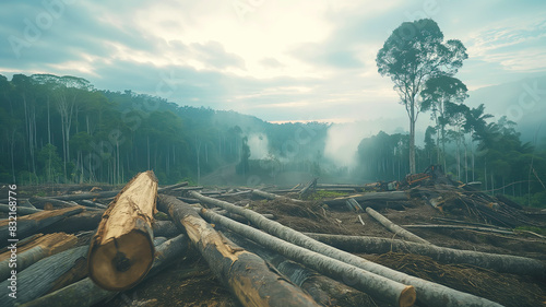 Rainforest Clearing with cut Trees  #832168776