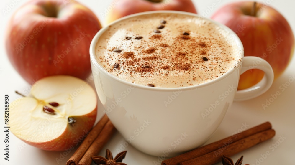 Winter themed cappuccino and apples with cinnamon on snowy background for product placement Winter themed cappuccino and apples with cinnamon on snowy background for product placement
