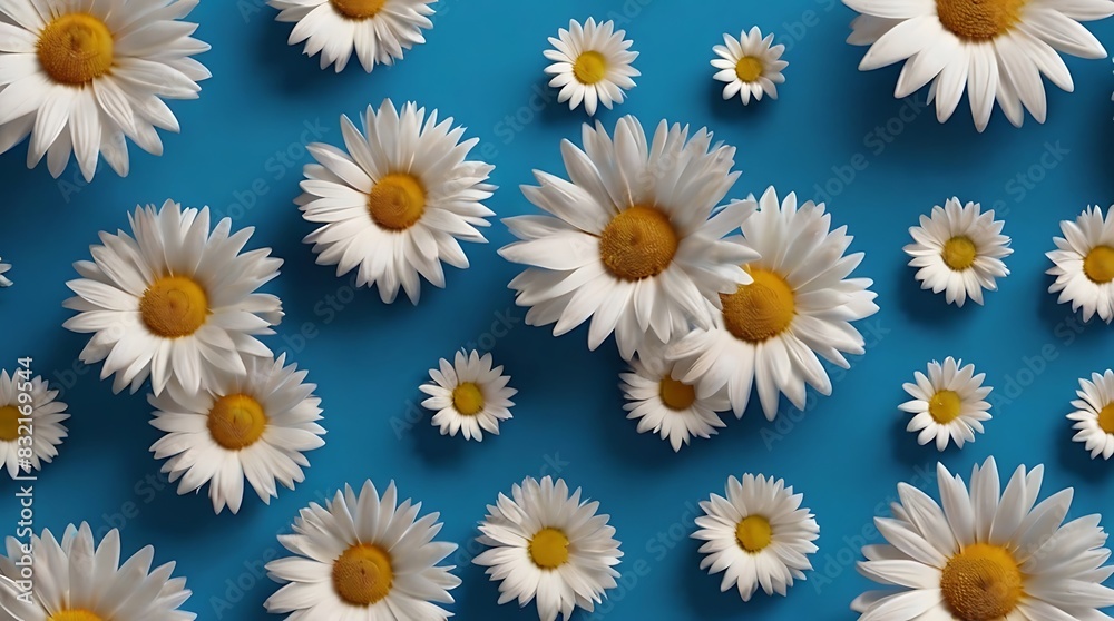 white and yellow daisies on a blue background white and yellow daisies on a blue background