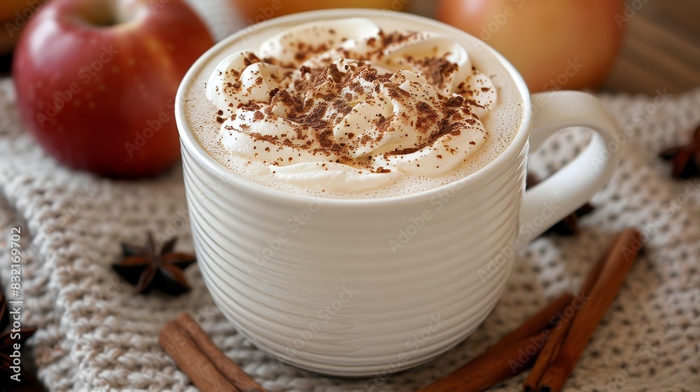 Winter cappuccino and apples with cinnamon sticks on snowy white background for product placement Winter cappuccino and apples with cinnamon sticks on snowy white background for product placement