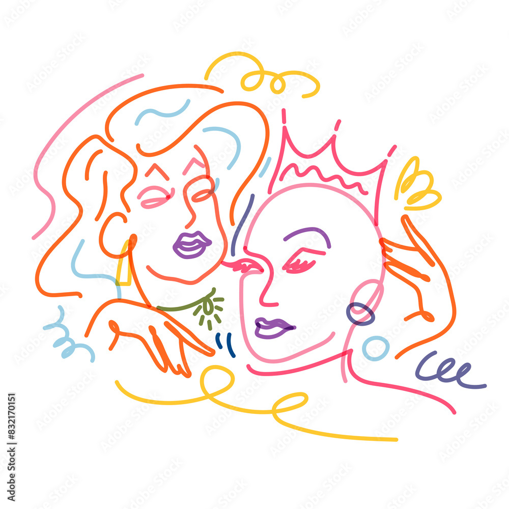 Drag queens png sticker, LGBTQ line art illustration on transparent background Drag queens png sticker, LGBTQ line art illustration on transparent background