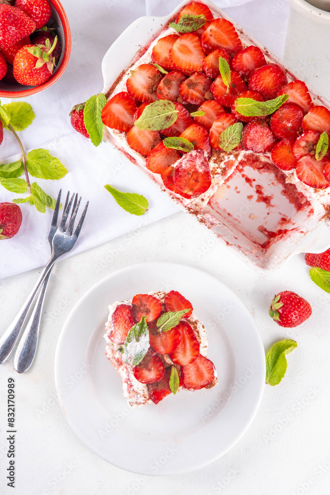 Summer strawberry tiramisu dessert, Berry fruit version of summer tiramisu cake with fresh strawberry, mascarpone and savoyardi Summer strawberry tiramisu dessert, Berry fruit version of summer tiramisu cake with fresh strawberry, mascarpone and savoyardi