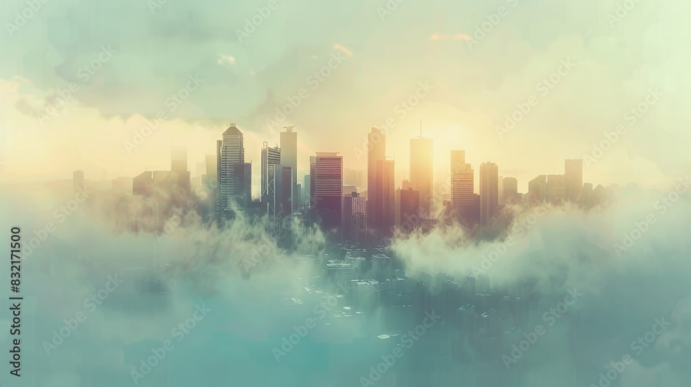 a small city emerging out of a misty pale background, pastel, calm