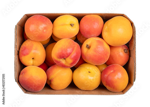 Fresh apricots in a cardboard punnet. Stone fruits of Prunus armeniaca, similar to a small peach. Yellow fruits, tinged red on the side most exposed to sun, with smooth surface, sweet to tart taste.