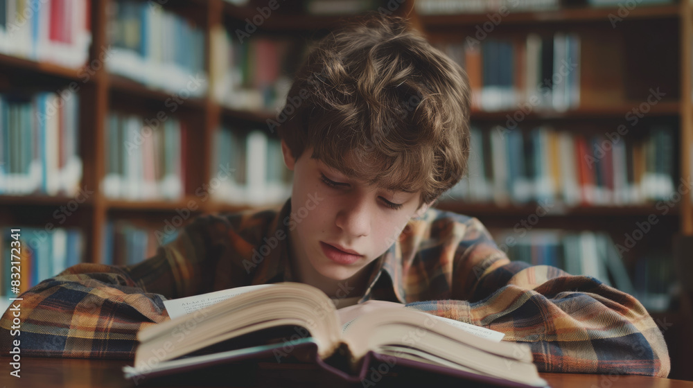A young individual is completely engrossed in reading a large book, resting their head on it in a library setting A young individual is completely engrossed in reading a large book, resting their head on it in a library setting
