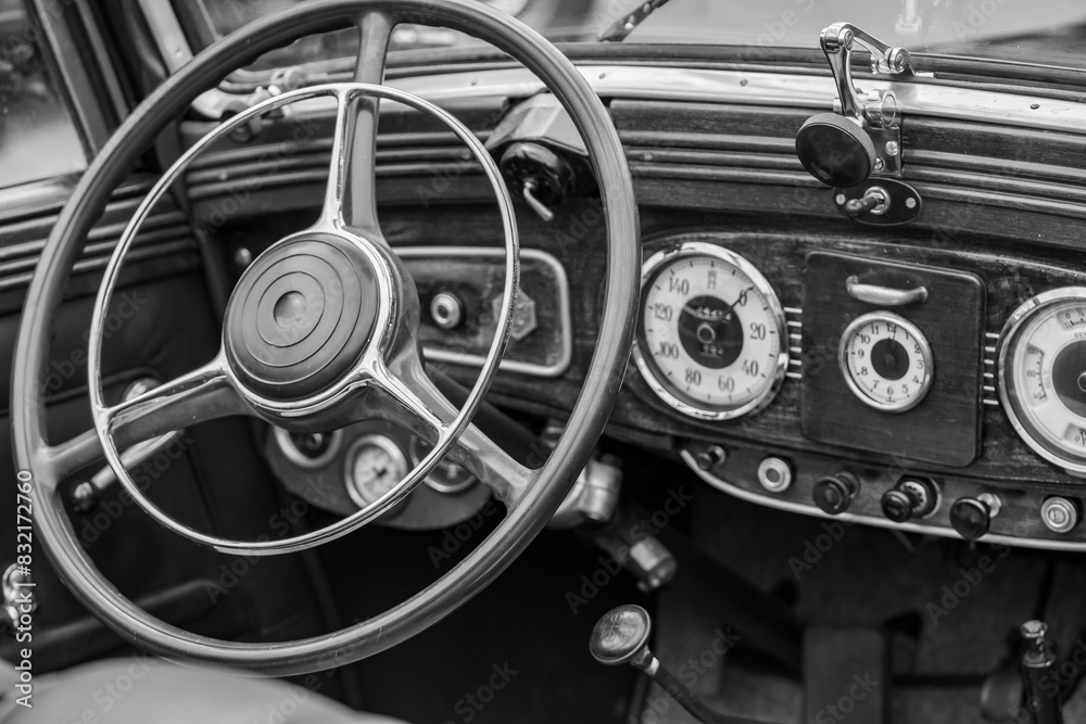 Nostalgic cockpit of an old classic car, black and white photography Nostalgic cockpit of an old classic car, black and white photography