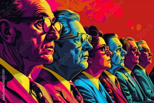 Vibrant pop art illustration of courtroom jury, isolated white background, high detail, dynamic characters