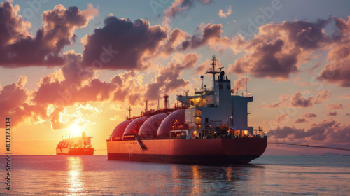 Large LNG Tanker Carrier During Cargo Operations At The Offshore Gas Terminal