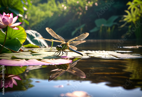 Dragonfly perch on lotus leaf in river photo