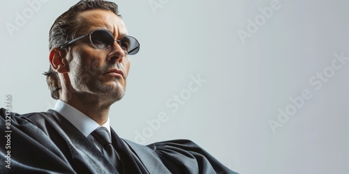 Supervillain lawyer in courtroom, isolated white background, high detail, dramatic tension photo