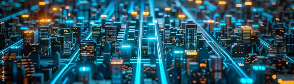 An expansive digital model of an urban landscape, where every building is connected by glowing blue circuits, symbolizing connectivity and future technology An expansive digital model of an urban landscape, where every building is connected by glowing blue circuits, symbolizing connectivity and future technology
