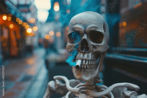 Artistic representation of a skeleton smoking in an urban setting .Generative ai