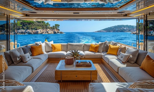 The interior of a luxurious yacht, featuring plush seating, a sleek modern design, and panoramic views of the surrounding blue sea. Elegant finishes and ambient lighting create an opulent atmosphere. photo