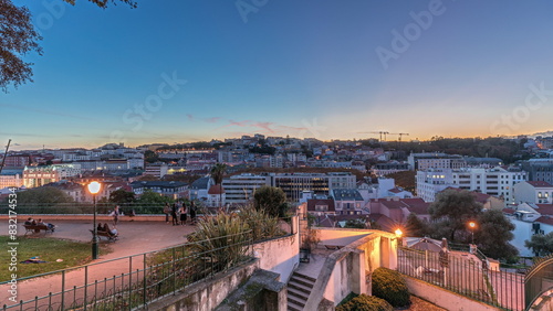 Tableau sur toile Panorama showing Jardim do Torel day to night timelapse with views to the city center of Lisbon after sunset