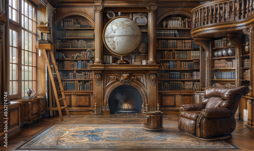 An opulent home library with floor-to-ceiling bookshelves filled with antique books, a large globe, and a plush leather armchair next to a roaring fireplace. The room exudes timeless sophistication.