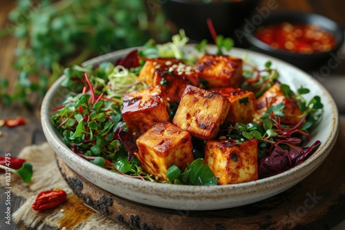 Fried tofu cheese salad. Fried tofu salad with herbs and seeds in white bowl isolated on a background with copy space. Vegan food. Asian food concept. Tofu Cheese. Tofu cheese salad. Plant based food.