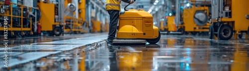 A worker and his floor buffer machine in a sprawling factory, capturing the reflective sheen of cleanliness against the backdrop of industrial machinery photo