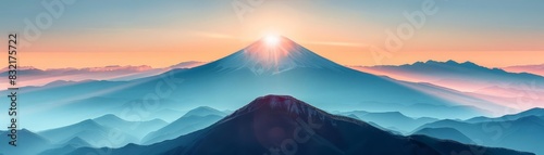 A stylized mountain summit under a soft sunrise, evoking a sense of tranquility and grandeur, perfect for inspirational themes photo