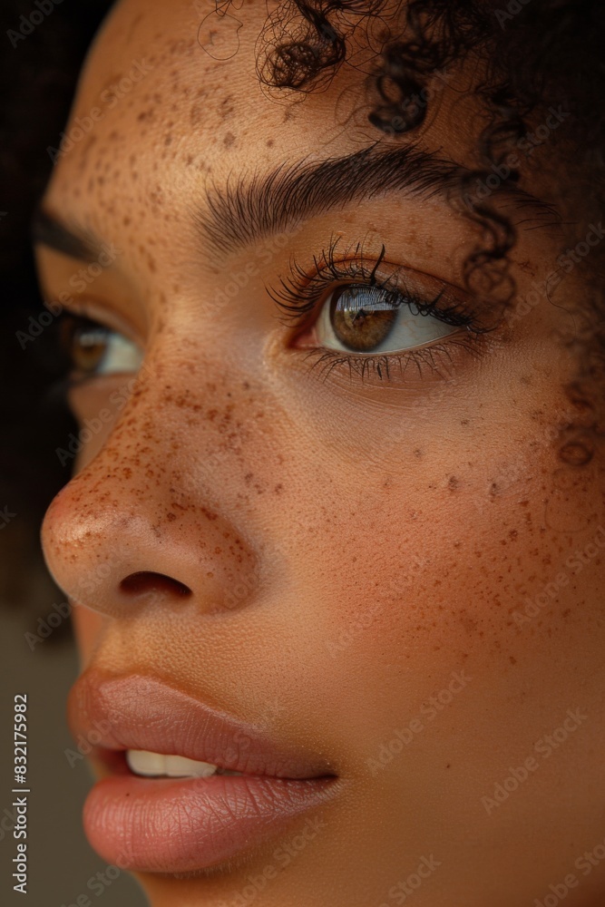 Fototapeta premium Close-up of a young woman with curly hair and freckles. The image highlights her clear skin, natural beauty, and detailed facial features, showcasing her striking eyes and healthy complexion.