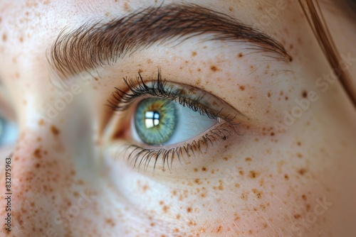 Close-up image of an eye surrounded by freckles. The image highlights the intricate details of the iris and the natural texture of the skin, providing a detailed view of facial features.