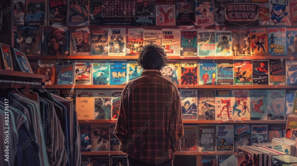 A person browsing comic books in a vintage shop with layered shelves and colorful covers creating a nostalgic atmosphere.