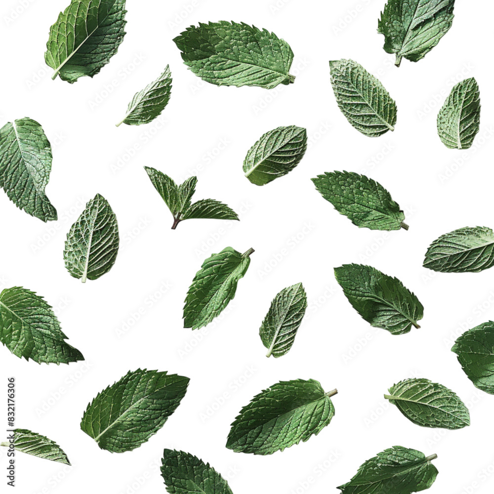 A cluster of green leaves caught in the wind, soaring through the air in a graceful motion on a transparent background A cluster of green leaves caught in the wind, soaring through the air in a graceful motion on a transparent background