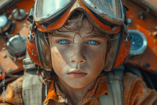 Little Boy dressed as pilots take flight in a vintage airplane amidst billowing clouds, evoking a sense of nostalgic aviation exploration.