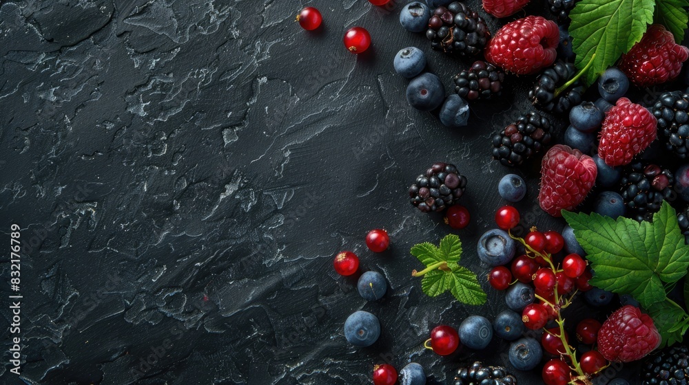 Fresh garden berries on a black background with a horizontal top down perspective Fresh garden berries on a black background with a horizontal top down perspective