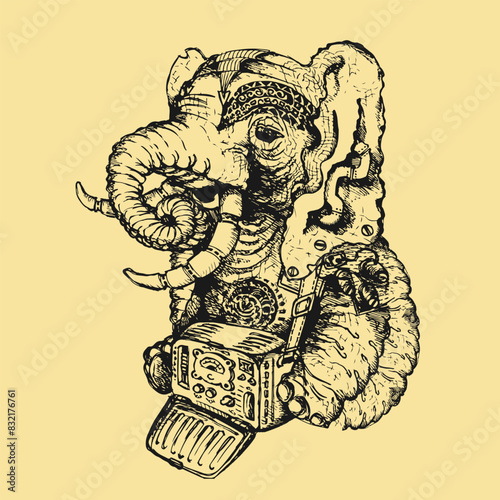 Elephant with tattoos, ammunition and a vintage dosimeter. Diesel punk Sketch. Black and white vector graphics
