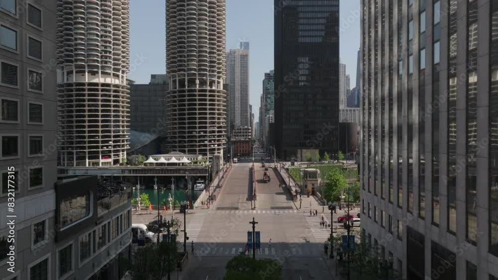 Aerial: Modern Residential Buildings In Residential City Against Clear Sky, Drone Flying Forward Over Road In City - Chicago, Illinois Aerial: Modern Residential Buildings In Residential City Against Clear Sky, Drone Flying Forward Over Road In City - Chicago, Illinois
